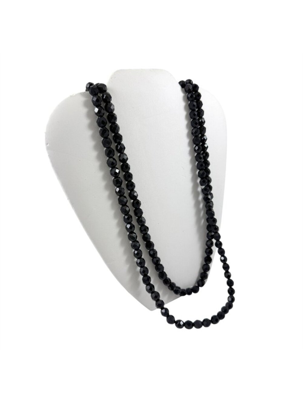 Black Jet Glass Bead Long Necklace Vintage 1960s Faceted 1 Strand Jet Beads